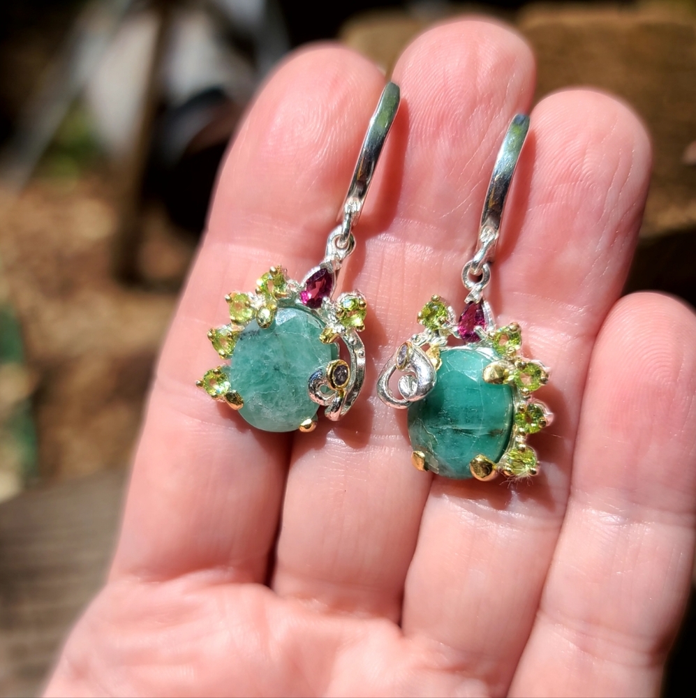 Emerald Peridot Crome Diopside &Tanzanite sterling earrings - Picture 5 of 8